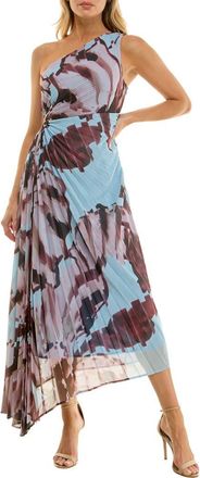 Socialite Floral Metallic Stripe One-Shoulder Pleated Dress in Blue/Brown at Nordstrom, Size X-Small