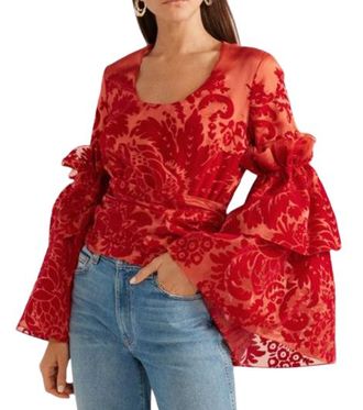 Rosie Assoulin Red Flocked Silk Organza Top Size M
