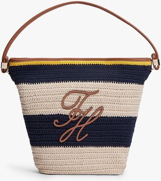 Tommy Hilfiger Womens Nautical Striped Crochet Bucket Bag - Navy