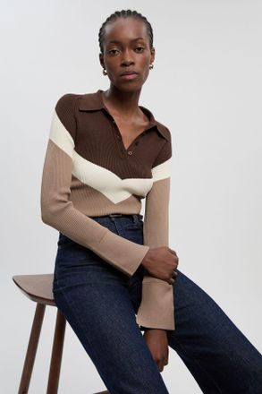 Karen Millen Womens Viscose Blend Rib Knit Polo Top - Chocolate Polyamide - Size X-Small