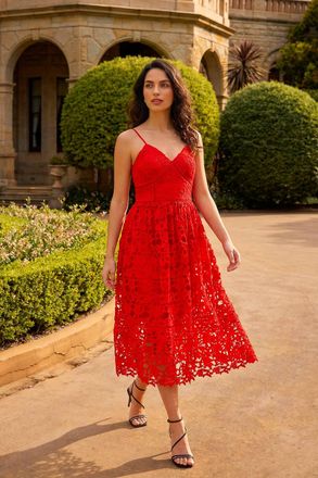 DUSK Womens Crochet V-Neck Cami Midi Dress - Red - Size 16 UK
