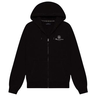 Aquascutum Mens Active Small Logo Full-Zip Black Hoodie Cotton - Size X-Large