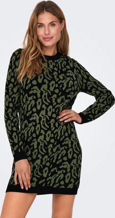 Only Strickkleid ONLY ONLJENNI LS ANIMAL DRESS EX KNT, Damen, Gr. XS, N-Gr, schwarz pattern:olive night leo, Strick, Obermaterial: 50% Viskose, 27% Nylon, 