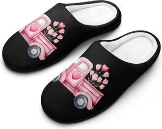 Generic Valentines Day Flower Truck Slippers Men Winter Warm Cotton Anti-Slip Indoor Slip-Ons House Shoes