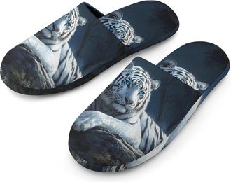 Generic White Tiger With Blue Eyes Warm Mens Slippers Slip On Soft Fleece House Shoes Winter Indoor Outdoor