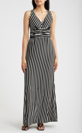 Loveappella Striped Ruched Empire Waist Maxi Dress in Black/ivory at Nordstrom, Size X-Small