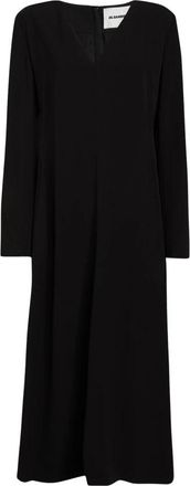 Jil Sander Midi Jurk met V-hals en Lange Mouwen - Dames - Casual kleedjes - Zwart - XS - Kleedjes