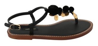 Dolce & Gabbana Womens Pompom Sandals - Black Leather - Size EU 35