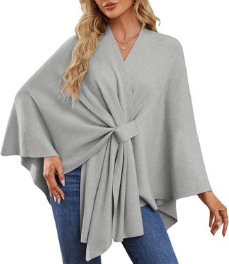 Generic Elegant Shawl Wraps Soft Open Front Poncho Sweater, for Spring Fall Winter, Cross Front Poncho Shawl Cape for Holiday Travel (Light gray)
