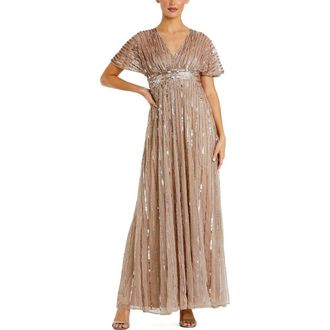 Mac Duggal Womens Embellished Mesh V Neck Short Sleeve Gown in Taupe at Nordstrom, Size 18