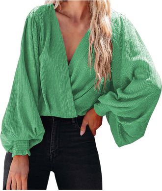 Generic Womens Linen Tops Stylish Plian Crinkle Fabric Wrap Front Blouse Elegant Puff Long Sleeve V Neck Top Oversized Sleeve Cropped Gauze Shirts Soft Textur