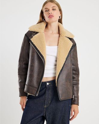 River Island Womens Aviator Jacket Brown Borg Lined - Size 16 UK