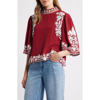 Farm Rio Palm Tree Embroidered Top in Burgundy at Nordstrom, Size Xx-Small
