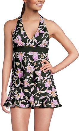 Lands End Plus Size DDD-Cup V-Neck Racerback Flutter Tankini in Tropic Floral/rich Olive at Nordstrom, Size 24W