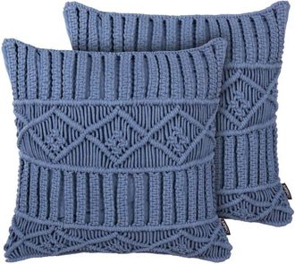 Beliani Decorative Cushions Set of 2 Blue Cotton Macram&eacute; 45 x 45 cm Rope Boho Retro Decor Accessories KARATAS