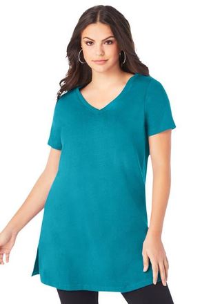 Roaman's Plus Size Ultimate Cotton V-Neck Short Sleeve Tunic in Deep Turquoise at Nordstrom, Size Medium