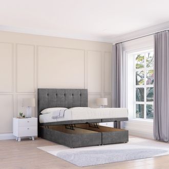 Sloomy Highbury Plush Fabric Ottoman Bed End Opening With Sprung Memory Mattress & 26 Inch strut Headboard in Dark Grey | Size: Double