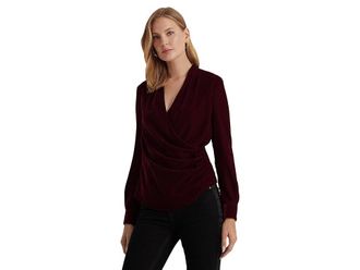Lauren Ralph Lauren Pleated Velvet Surplice Blouse Womens Clothing Deep Rhodonite Velvet : 8, Polyester