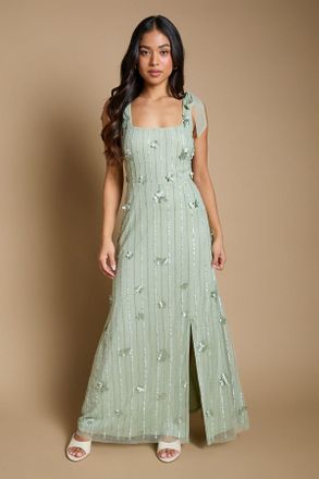 Oasis Womens Petite 3D Floral Linear Beadwork Tie Shoulder Dress - Green - Size 18 UK
