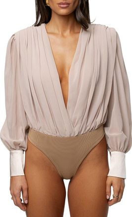 JLUXLABEL Pleated Long Sleeve Bodysuit in Beige at Nordstrom, Size X-Small