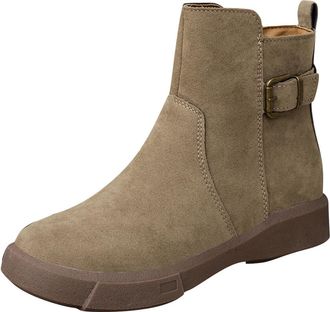 Generic Womens Ankle Boots Suede Leather Combat Boot Buckle Chunky Flat Sole Booties Western Cowgirl Boots Ladies Short Tube Boot with Side Zipper Booties Fal