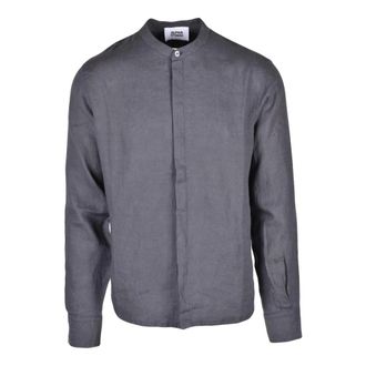 Alpha Studio Overhemden, Heren, Grijs, M, Linnen, Koreaanse kraag shirt