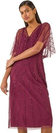 Roman Womens Beaded V-Neck Midi Dress - Wine - Size 10 UK