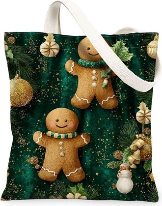 Generic Gingerbread Canvas Tote Bags, Festive Biscuits Design Reusable Shopping Bags, Merry Holiday Lightweight Washable Shoulder Strap Canvas for Grocery Out