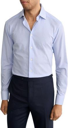 Eton Slim Fit Stripe Stretch Jersey Dress Shirt in Medium Blue at Nordstrom, Size 17.5