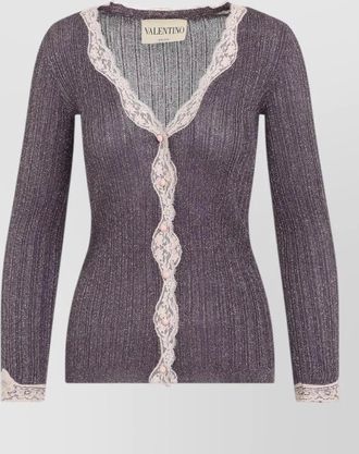 Valentino long sleeve cardigan ribbed texture lace trim