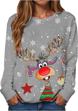 Generic Christmas Jumpers for Women UK Sweatshirt Ladies Funny Print Crewneck Xmas Long Sleeve Santa Claus Pullover Causal Tops Christmas T shirts Women S-XXL