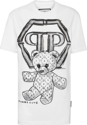 Philipp Plein Tops, Dames, Wit, L, Katoen, T-Shirt Ronde Hals Teddy