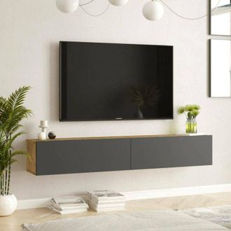 Dmora Dmora - Mueble De Televisi&oacute;n Thebe, Aparador De Sal&oacute;n, Mueble Bajo Para Tv, Base De Pared Equipada, 180x32h30 Cm, Roble Y Antracita, Con Embalaje Refo