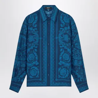 Versace Slim Fit Printed Silk Twill Shirt In Blue