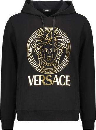 Versace Katoenen Hoodie met Logo Print aan de Voorkant - Heren - Hoodies - Zwart - L - Katoen - Hoodies & sweatvesten