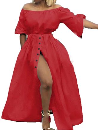 Generic Sexy Off Shoulder Maxi Dress Women Lantern Sleeve Casual Loose Split Sundress Summer Buttons Party Vestidos, (Style A) Red, M