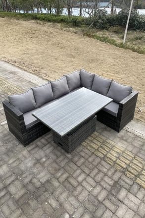 Fimous 6 Seater Rattan Corner Sofa Set Height Adjustable Dining Table With Seat & Back Cushion in Dark Grey