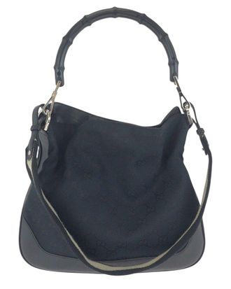 Gucci Black Gg Canvas & Leather Bamboo Handbag (Authentic Pre-Loved)