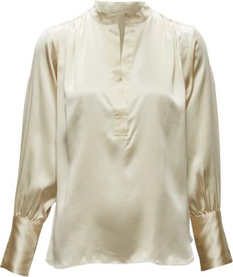 Nili Lotan Nili Lotan silk champagne pleated shoulder seam V neck popover blouse