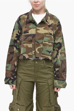 Rossano Perini Camouflage Cotton Sahariana Crop Shirt with Rhinestones size L