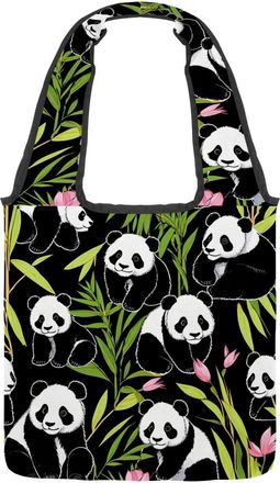 Generic Cute Cartoon Panda Reversible Canvas Shoulder Tote - Double-Sided Print, 12oz Cotton, 27cm Drop, Fold-Flat Bag for Travel, Shopping, Street Outings