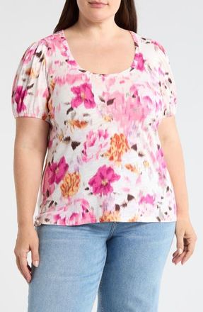 Liverpool L.A. Floral Puff Sleeve T-Shirt in Pink Multi Floral at Nordstrom, Size 1 X
