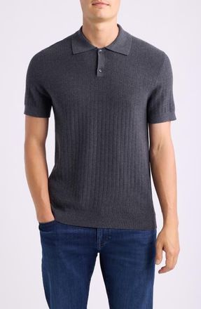 Nordstrom Short Sleeve Ribbed Cotton & Cashmere Polo Sweater in Grey Dark Charcoal Heather at Nordstrom, Size Xx-Large