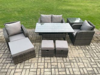 Fimous Rattan Outdoor Garden Furniture Set Rectangular Dining Table & Chair Sofa Set With Side Table 3 Footstools in Dark Grey