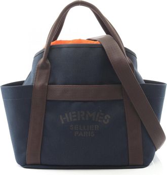 Herm&egrave;s Brown Navy Toile Chevron Tote Bag (Pre-Owned)