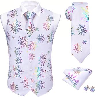 Barry.Wang Men Christmas Vest Red Green Xmas Tree Snow Elk Snowflake Holiday Suit Waistcoat Tie Set New Year Festival, White Colorful Snow, Medium