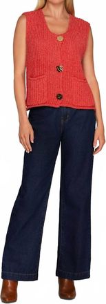 She + Sky Button Down Crochet Sweater Vest In Deep Coral Red
