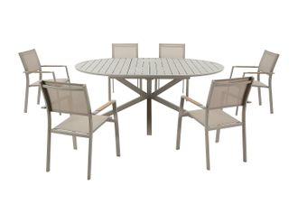 Vente-Unique Comedor de jard&iacute;n de metal: mesa redonda extensible L.150/200 cm y 6 sillones apilables - Topo - YOHA de MYLIA
