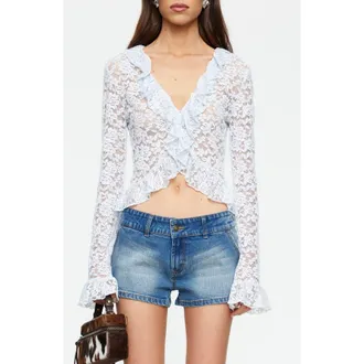 Lioness Long Nights Lace Ruffle Crop Top in Ice at Nordstrom, Size X-Small