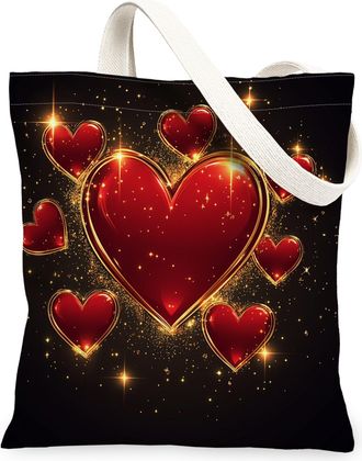 Generic Heart Pattern Canvas Tote Bags, Chic Love Design Reusable Grocery Bags, Romantic Lightweight Washable Shoulder Strap for Travel Beach 13x15 Inch